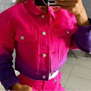 VBRT Hot Pink Purple Ombre Cropped Jean Jacket Y2K Style Denim Jacket NWOT